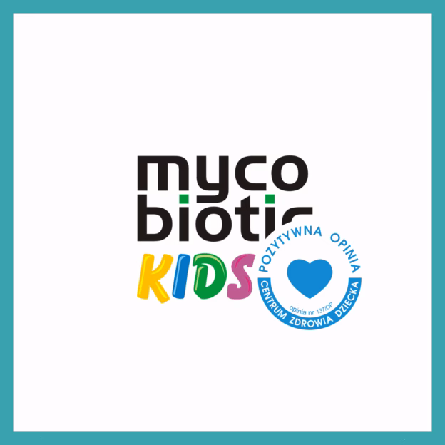 Logo Mycobiotic KIDS oraz okrągłą pieczęcią POZYTYWNA OPINIA CENTRUM ZDROWIA DZIECKA, otoczone turkusową ramką