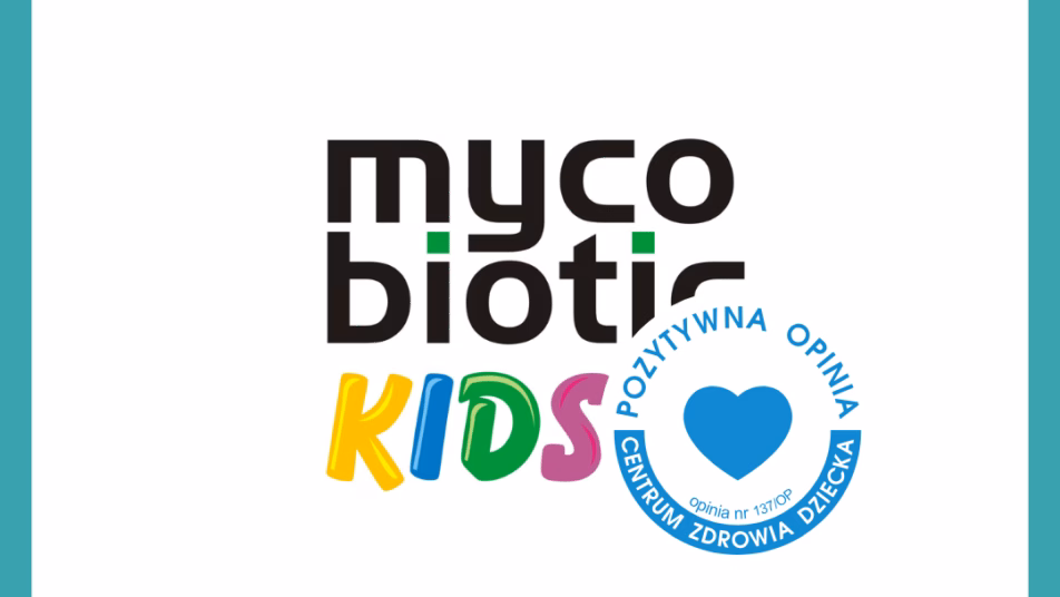 Logo Mycobiotic KIDS oraz okrągłą pieczęcią POZYTYWNA OPINIA CENTRUM ZDROWIA DZIECKA, otoczone turkusową ramką