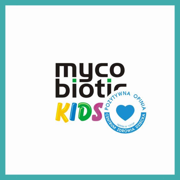 Logo Mycobiotic KIDS oraz okrągłą pieczęcią POZYTYWNA OPINIA CENTRUM ZDROWIA DZIECKA, otoczone turkusową ramką