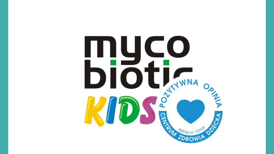 Logo Mycobiotic KIDS oraz okrągłą pieczęcią POZYTYWNA OPINIA CENTRUM ZDROWIA DZIECKA, otoczone turkusową ramką