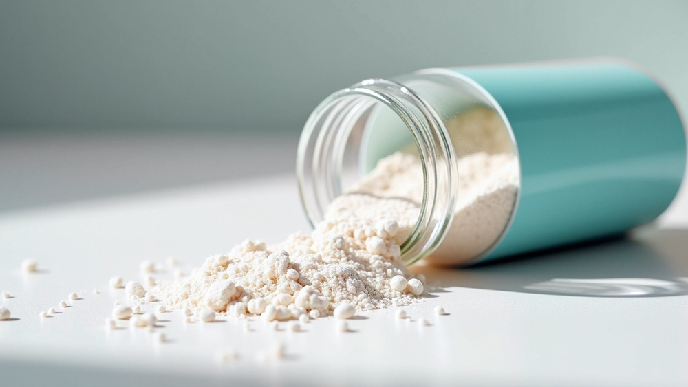 Rozsypany biały proszek probiotyczny z niebieskiego pojemnika na białym tle, oświetlony naturalnym światłem.